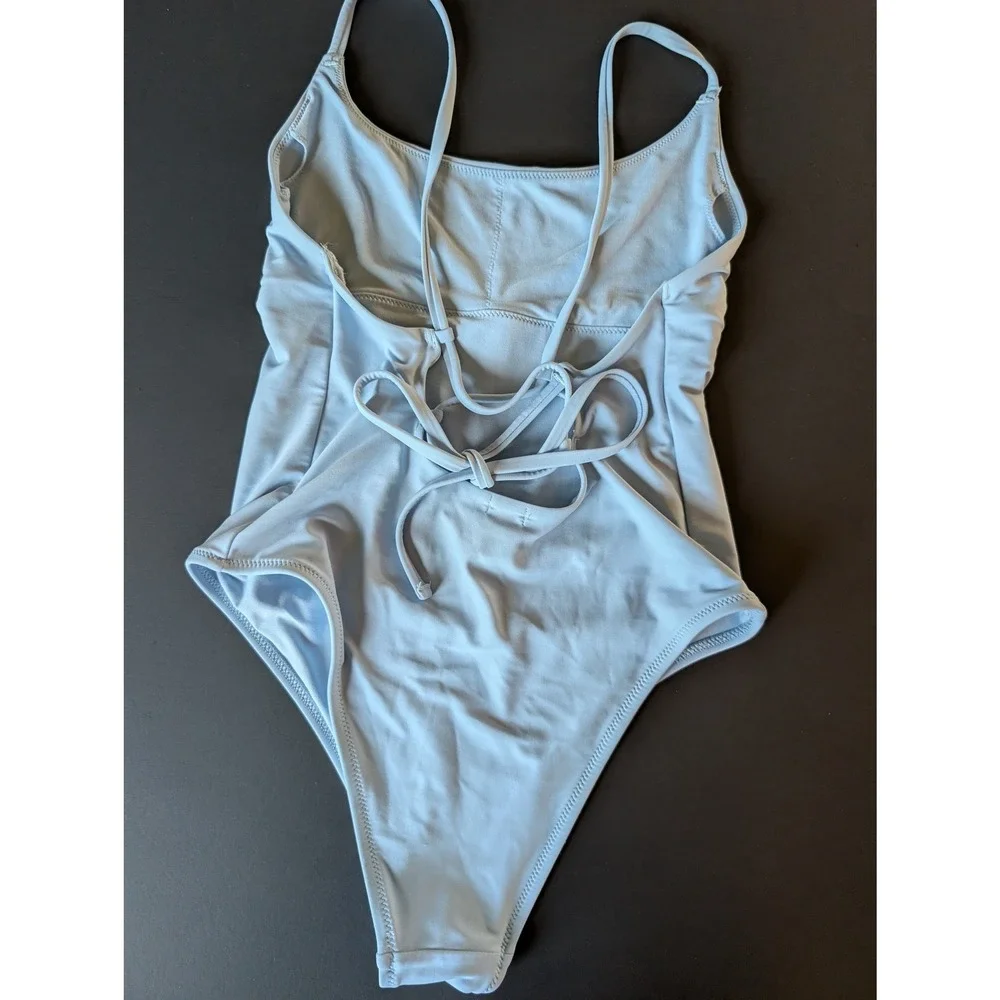 Aerie Minimalist Lace Up Back One Piece Swimsuit Light Blue Small Boho Swimwear
